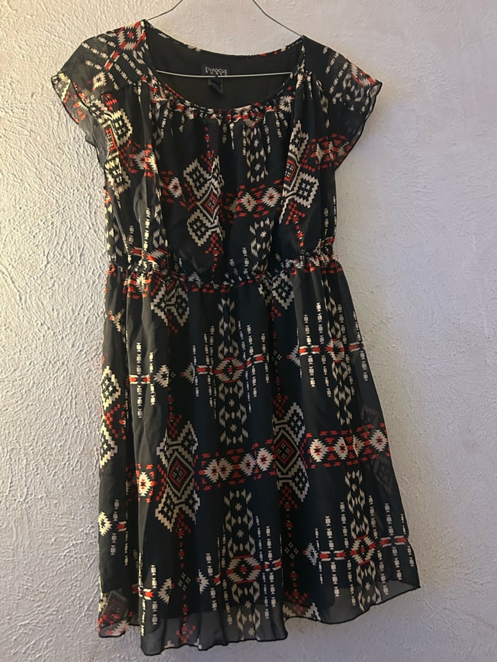 Enfocus Studio Black Aztec Print Midi Dress with Cream & Red Accents